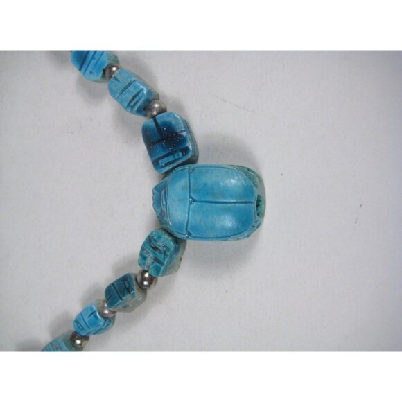 Egyptian Revival Scarab Faience Necklace Beaded Ceramic Vintage Pendant 29 READ - Picture 4 of 15